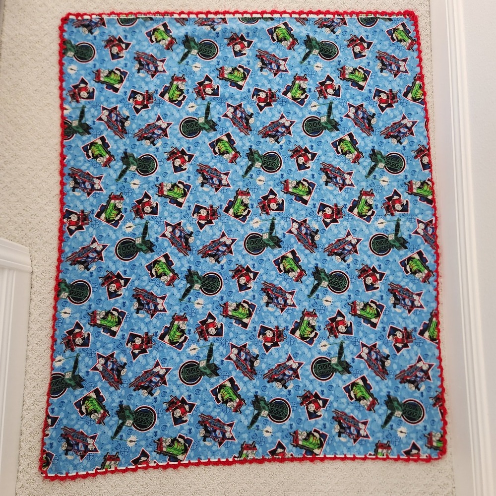 Thomas & Friends Fleece‎ Baby Blanket Blue Red Crochet Edge Trains Percy James